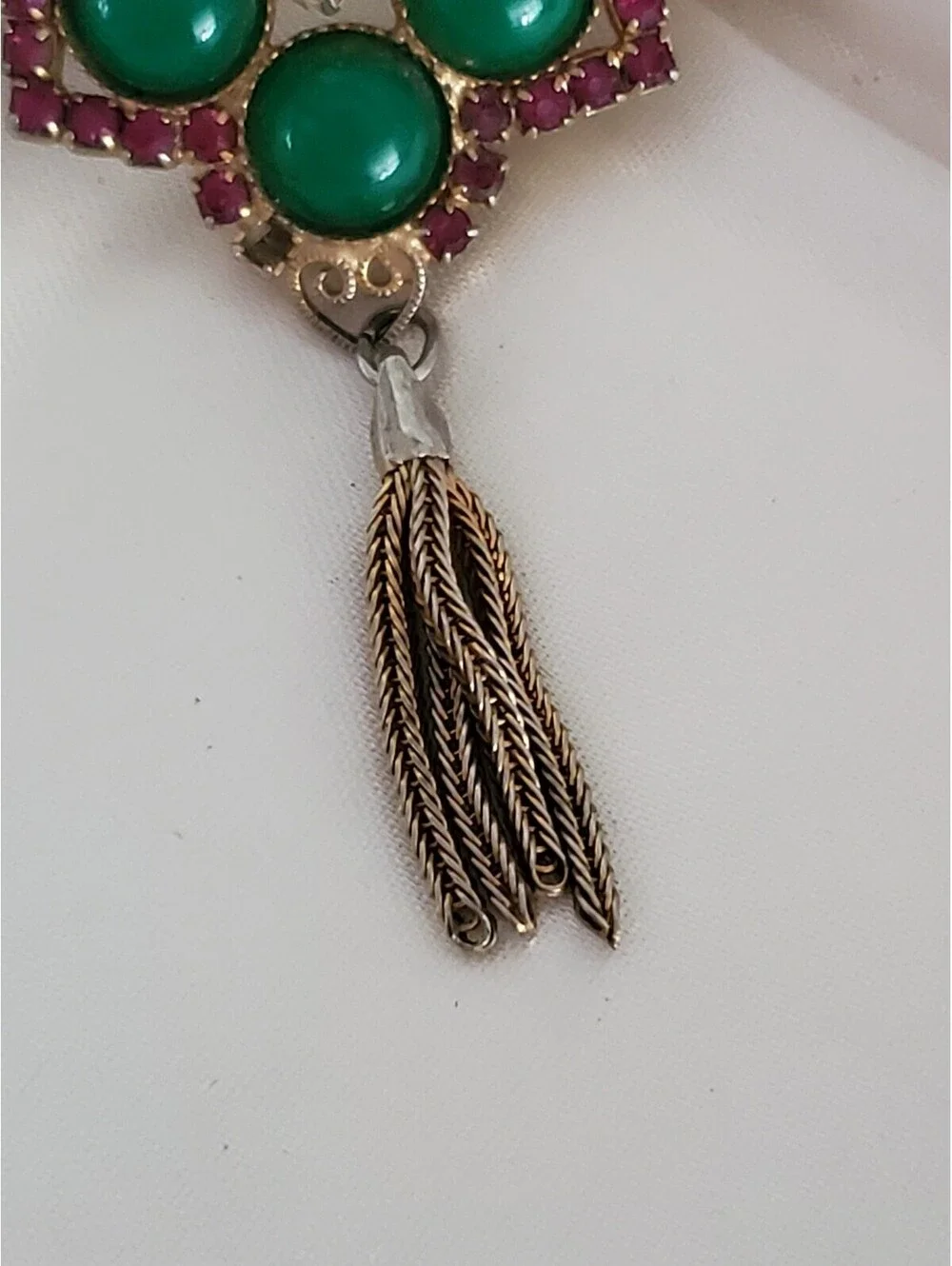 Vintage Green Cabochons Purple Rhinestone Mesh Dangle Brooch